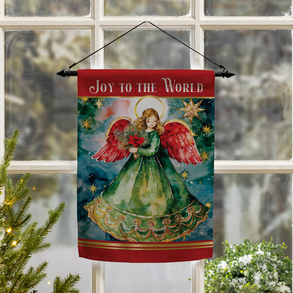 Joy To The World Angel Suede Garden Flag by Evergreen Enterprises, red header and angel illustration on Tampa Home & Garden Store