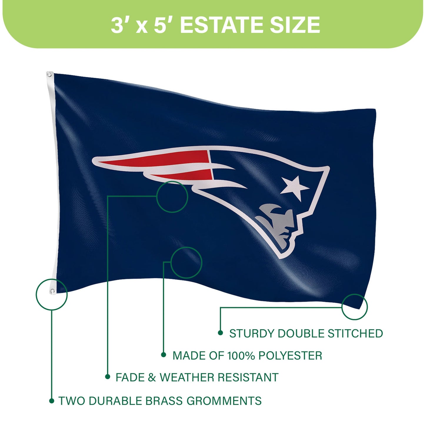 New England Patriots 3x5 flag, single-sided sublimated navy, with 2 brass grommets, Evergreen Enterprises on Tampa Home & Garden Store
