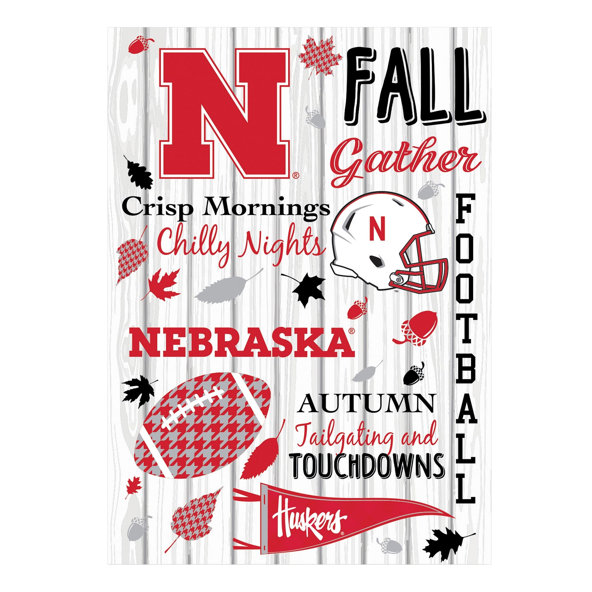 Moire Flag University of Nebraska flag with red NE letters Huskers script helmet on wood grain on Tampa Home & Garden Store
