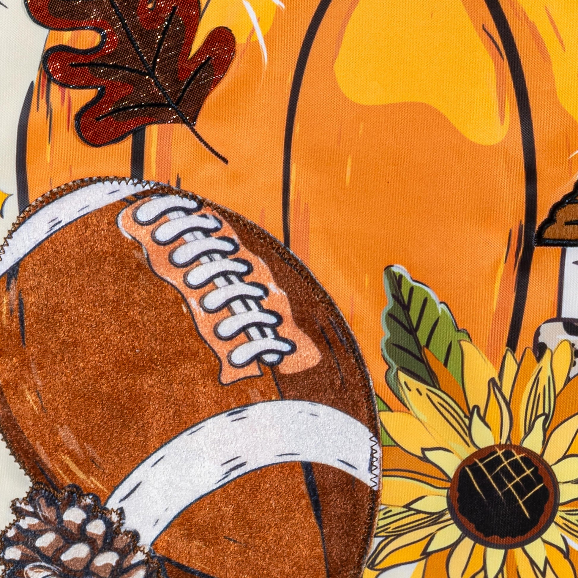 Tis' The Season Fall Applique Garden Flag with orange pumpkin and autumn leaves in stitched applique on Tampa Home & Garden Store
