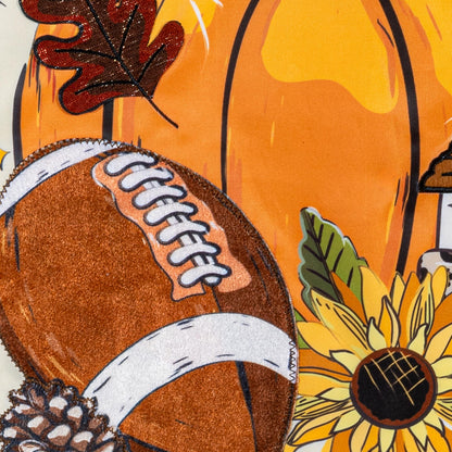 Tis' The Season Fall Applique Garden Flag with orange pumpkin and autumn leaves in stitched applique on Tampa Home & Garden Store