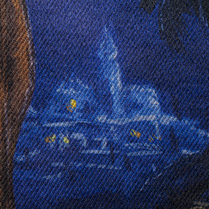 Holy Night Nativity Garden Lustre Flag close-up on blue denim fabric with brown edge on Tampa Home & Garden Store