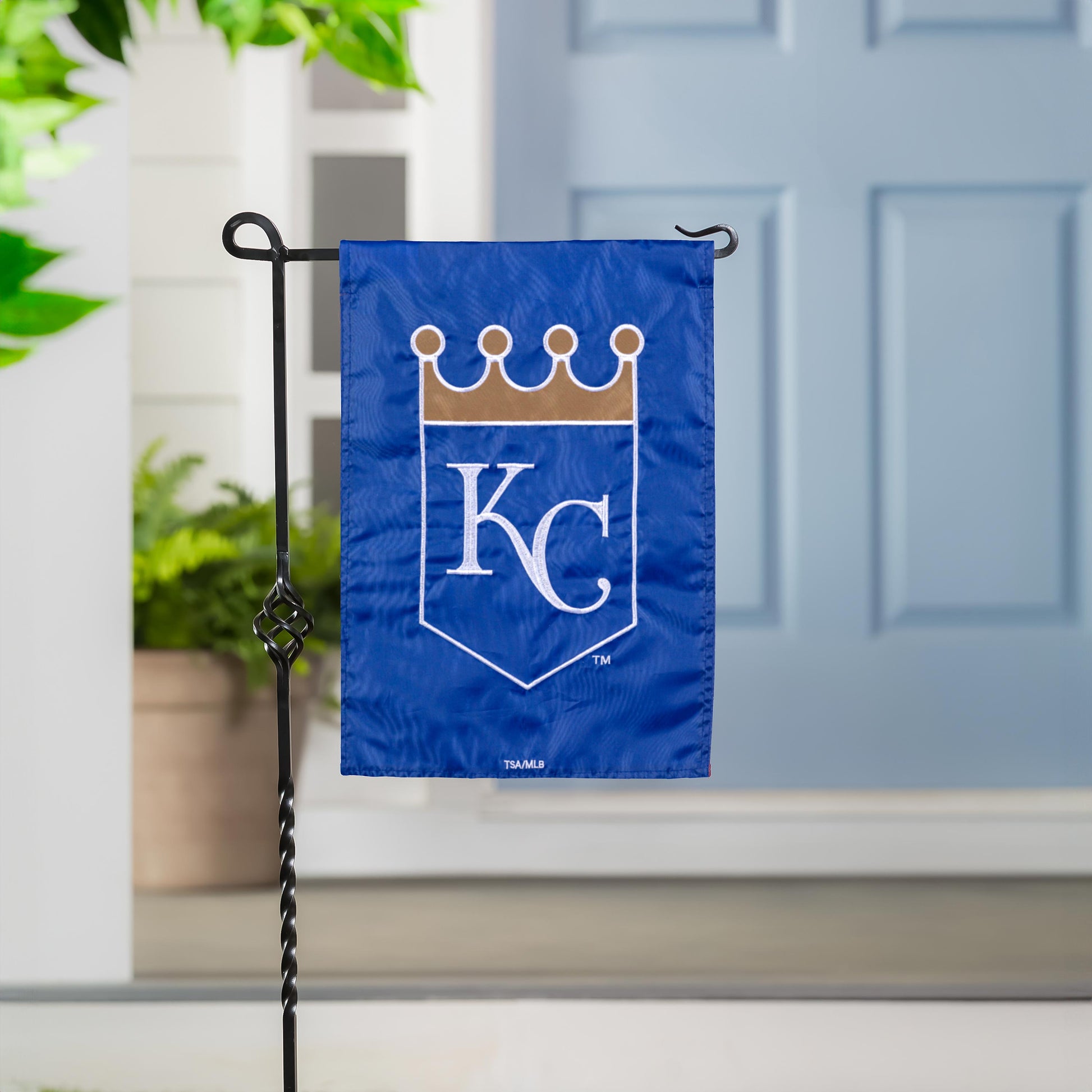 Kansas City Royals applique flag blue with crown crest KC on metal stand on Tampa Home & Garden Store