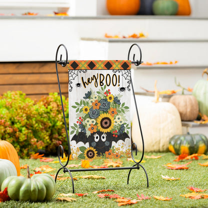 Hey Boo Moire Garden Flag Evergreen Enterprises on metal stand orange plaid floral print on Tampa Home & Garden Store
