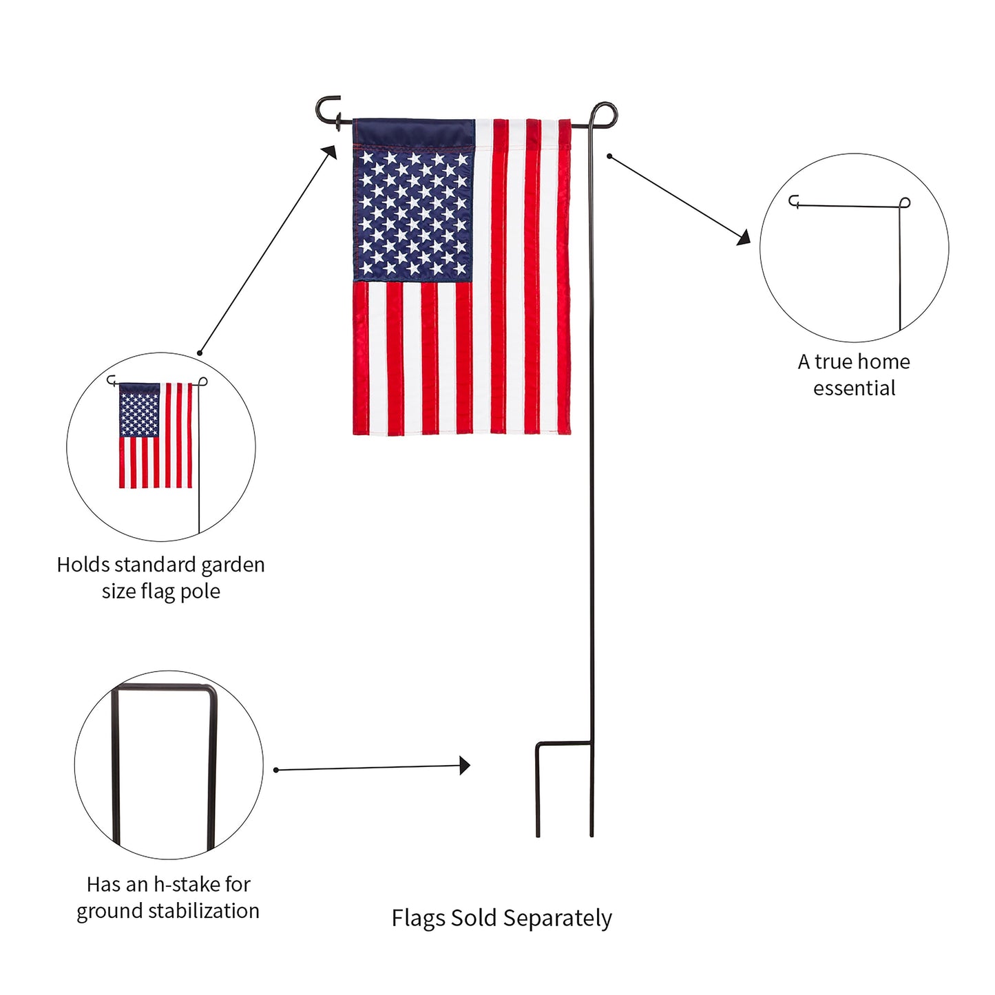 Black garden flag stand by Evergreen Enterprises with h-stake; supports standard flags on Tampa Home & Garden Store