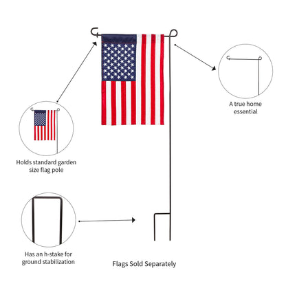 Black garden flag stand by Evergreen Enterprises with h-stake; supports standard flags on Tampa Home & Garden Store