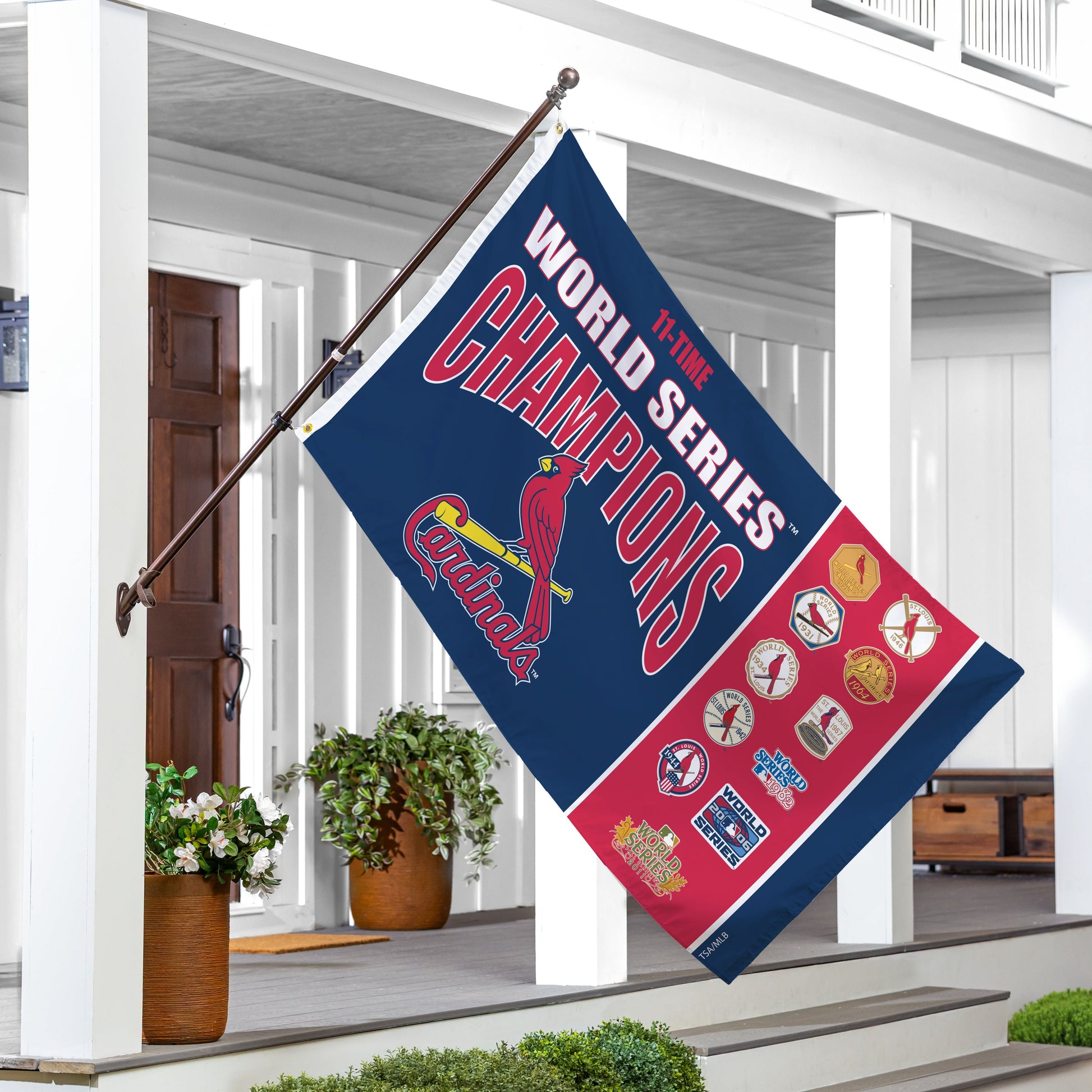 St Louis Cardinals 3x5 sublimated flag, single-sided with 2 grommets on wooden pole on Tampa Home & Garden Store