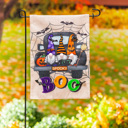 Spooky Truck Burlap Flag featuring Halloween pumpkins, bats, and spiderwebs in tan weave on Tampa Home & Garden Store
