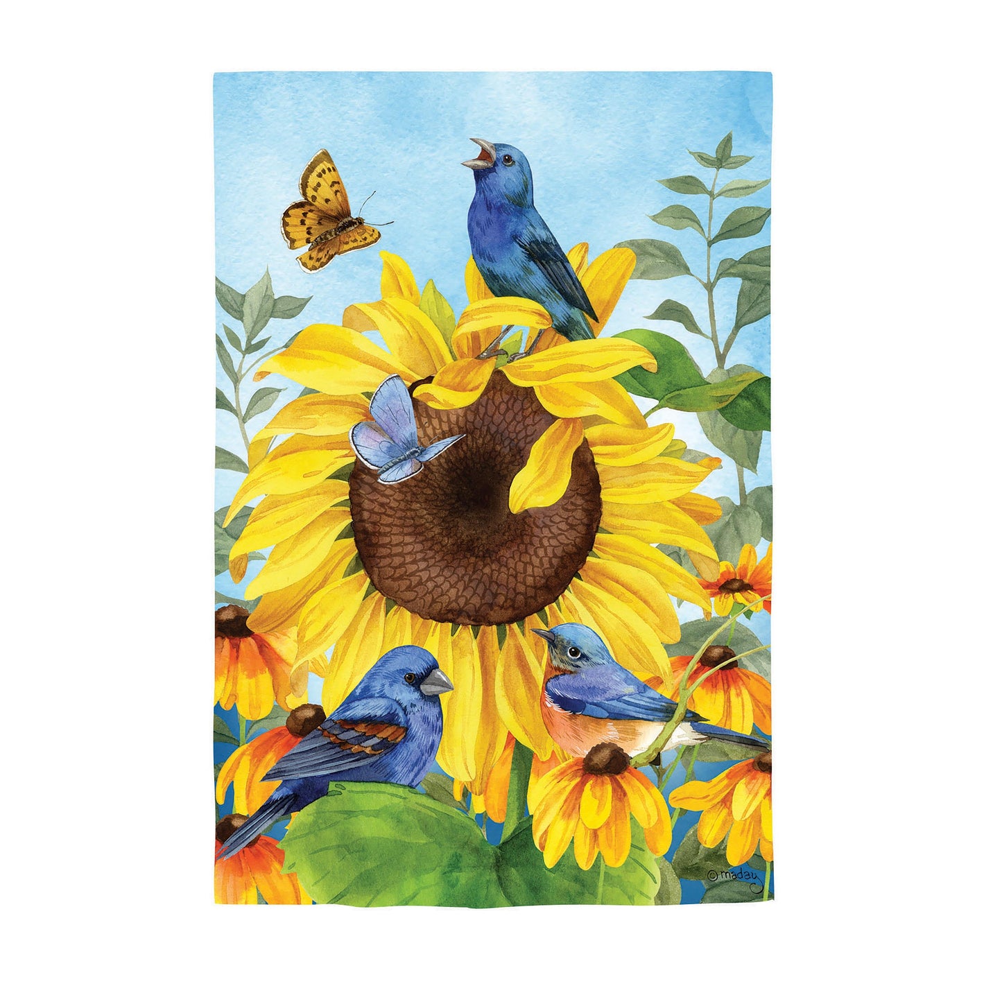 Sunflower Glory Suede House Flag with bright yellow sunflowers and blue birds on Tampa Home & Garden Store