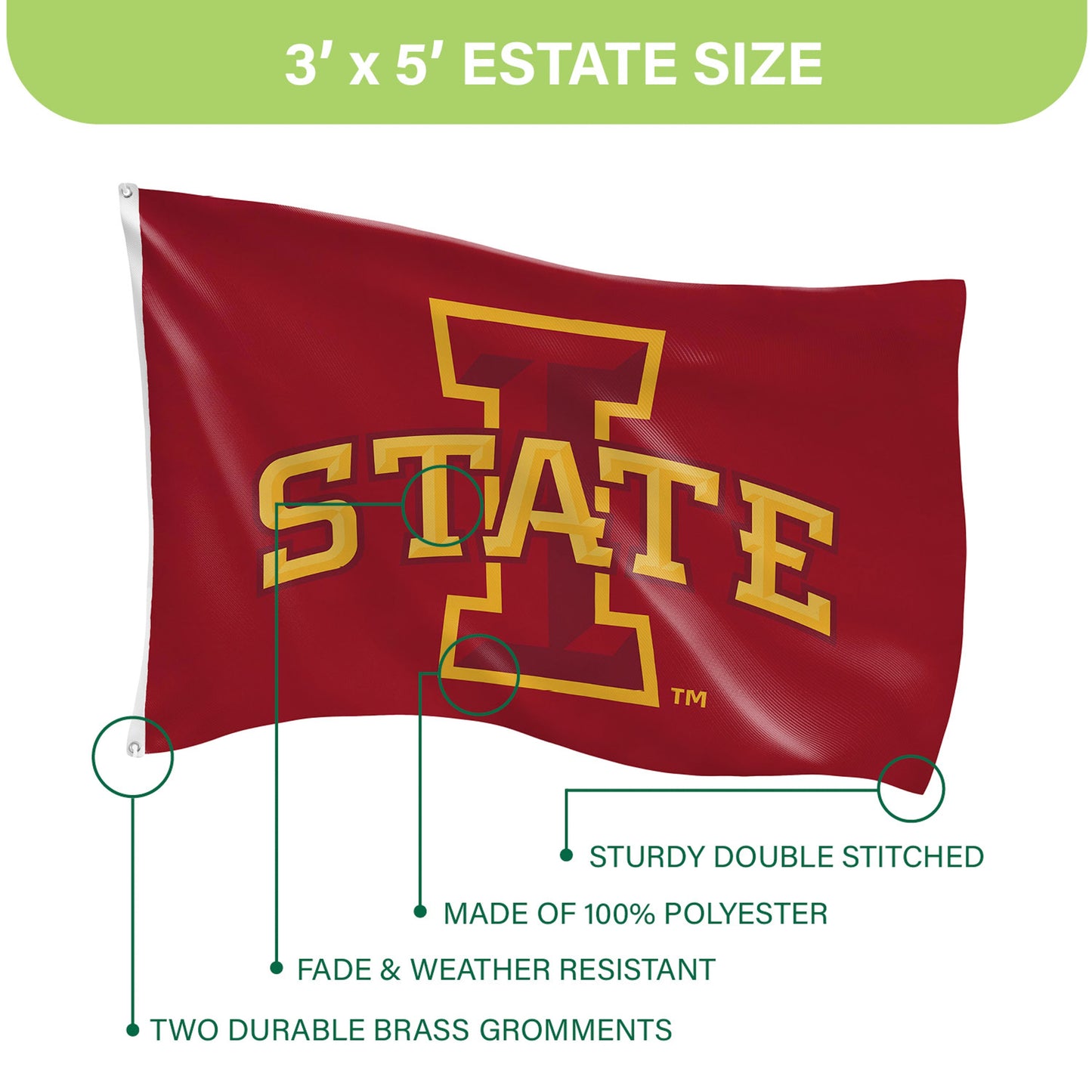 Iowa State University estate flag 3x5, single-sided sublimated flag with 2 grommets Evergreen on Tampa Home & Garden Store