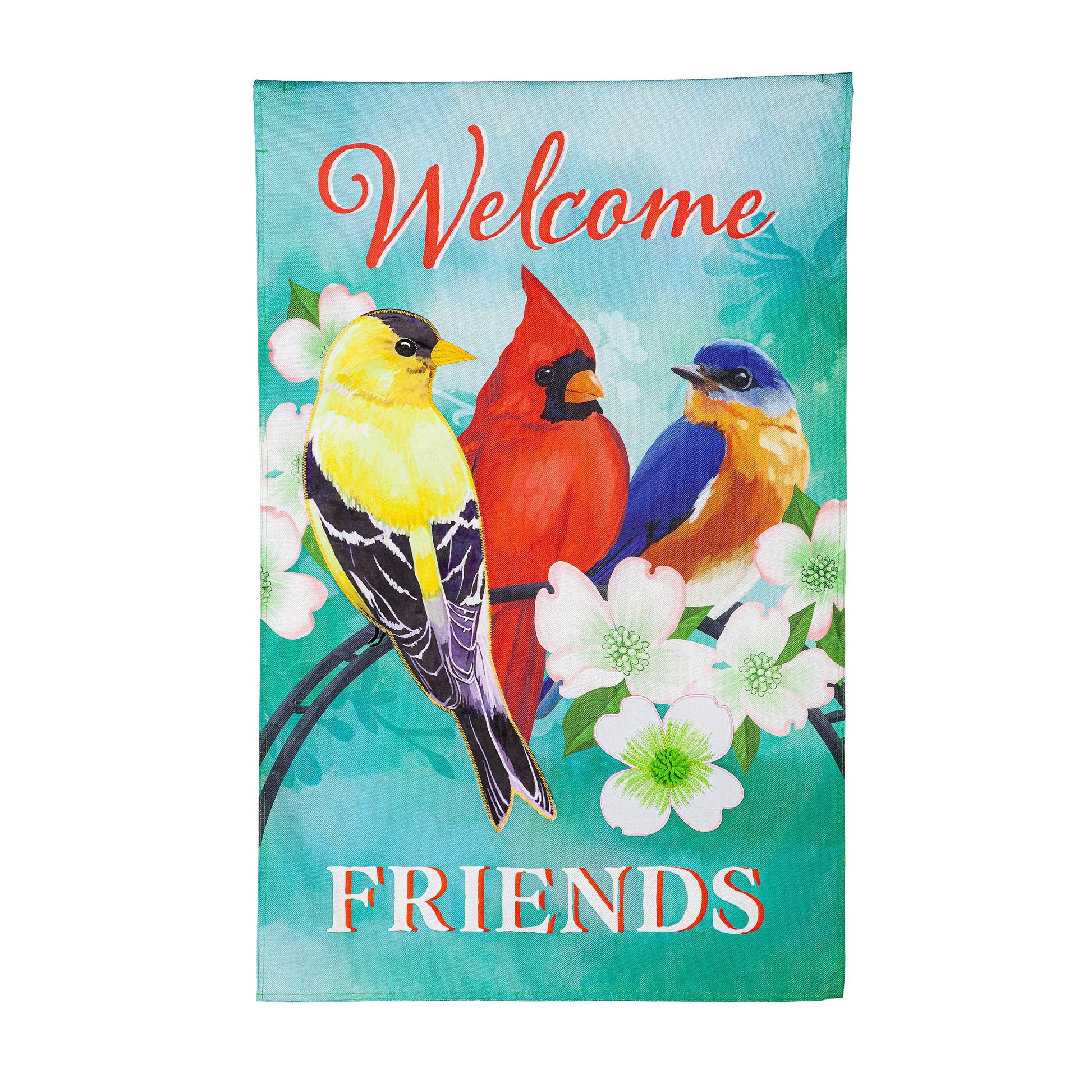 Burlap Welcome Friends flag with bright cardinals on turquoise background by Evergreen on Tampa Home & Garden Store