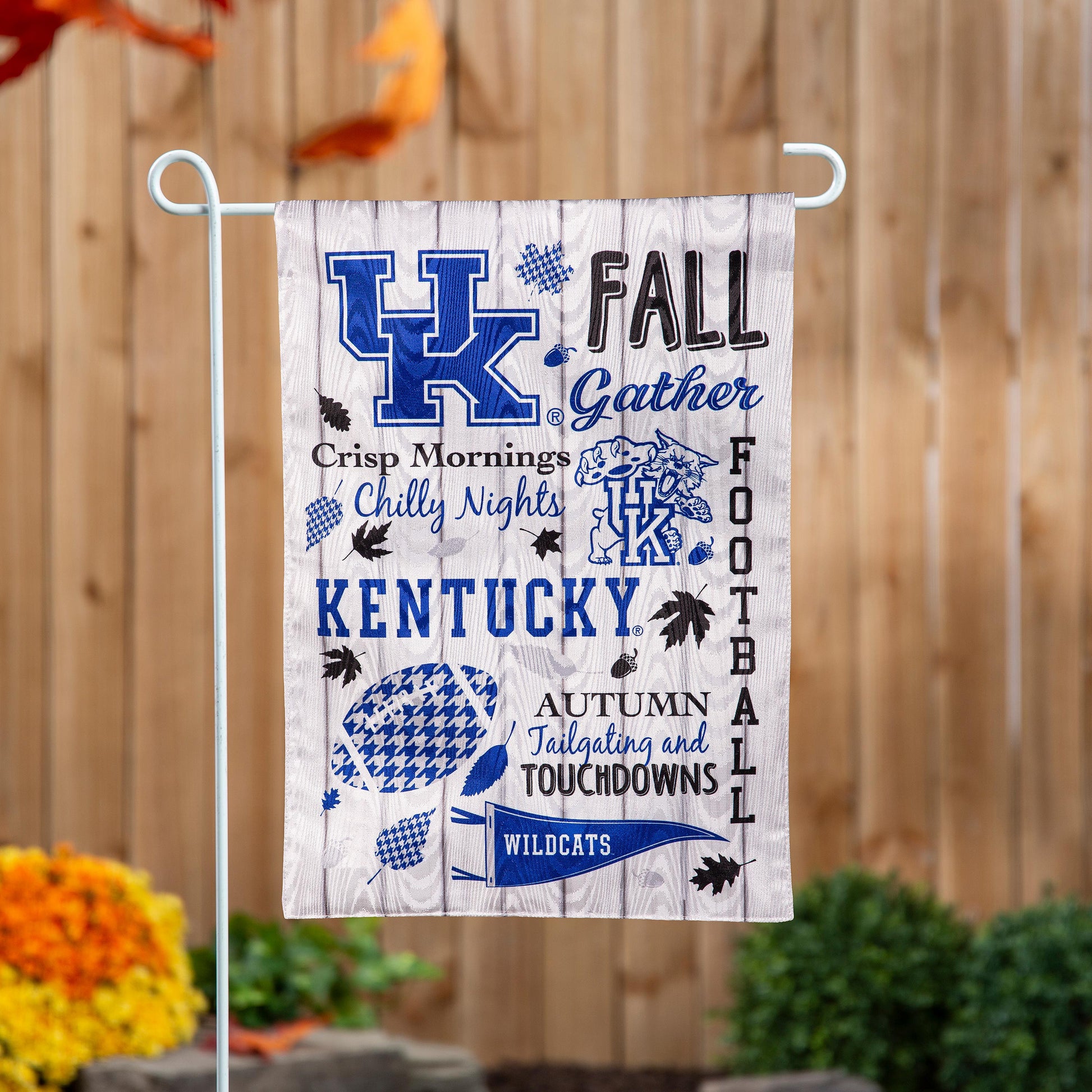 Moire Flag University of Kentucky with blue UK monogram and fall graphics on gray background on Tampa Home & Garden Store