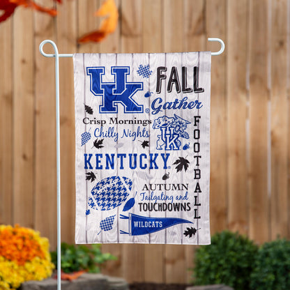 Moire Flag University of Kentucky with blue UK monogram and fall graphics on gray background on Tampa Home & Garden Store
