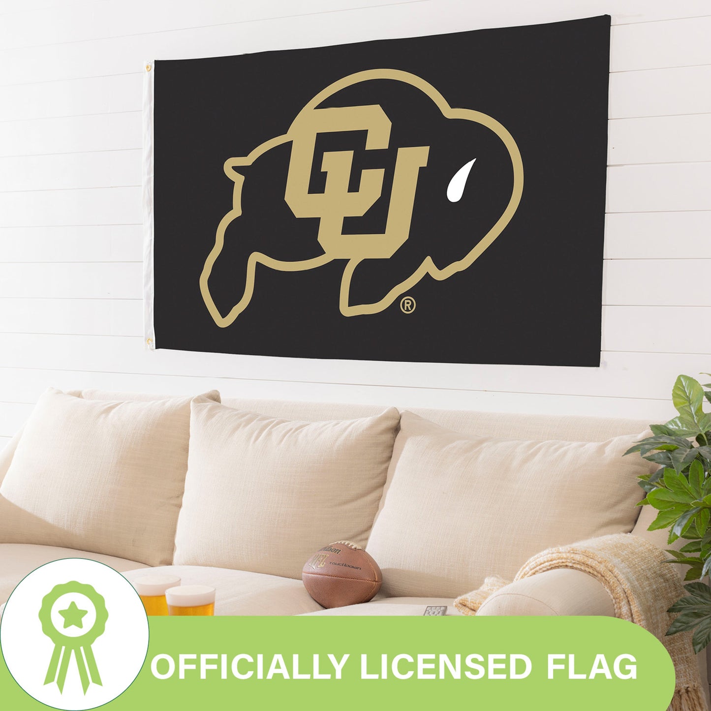 University of Colorado 3x5 flag with 2 grommets sublimated black field gold buffalo logo on Tampa Home & Garden Store
