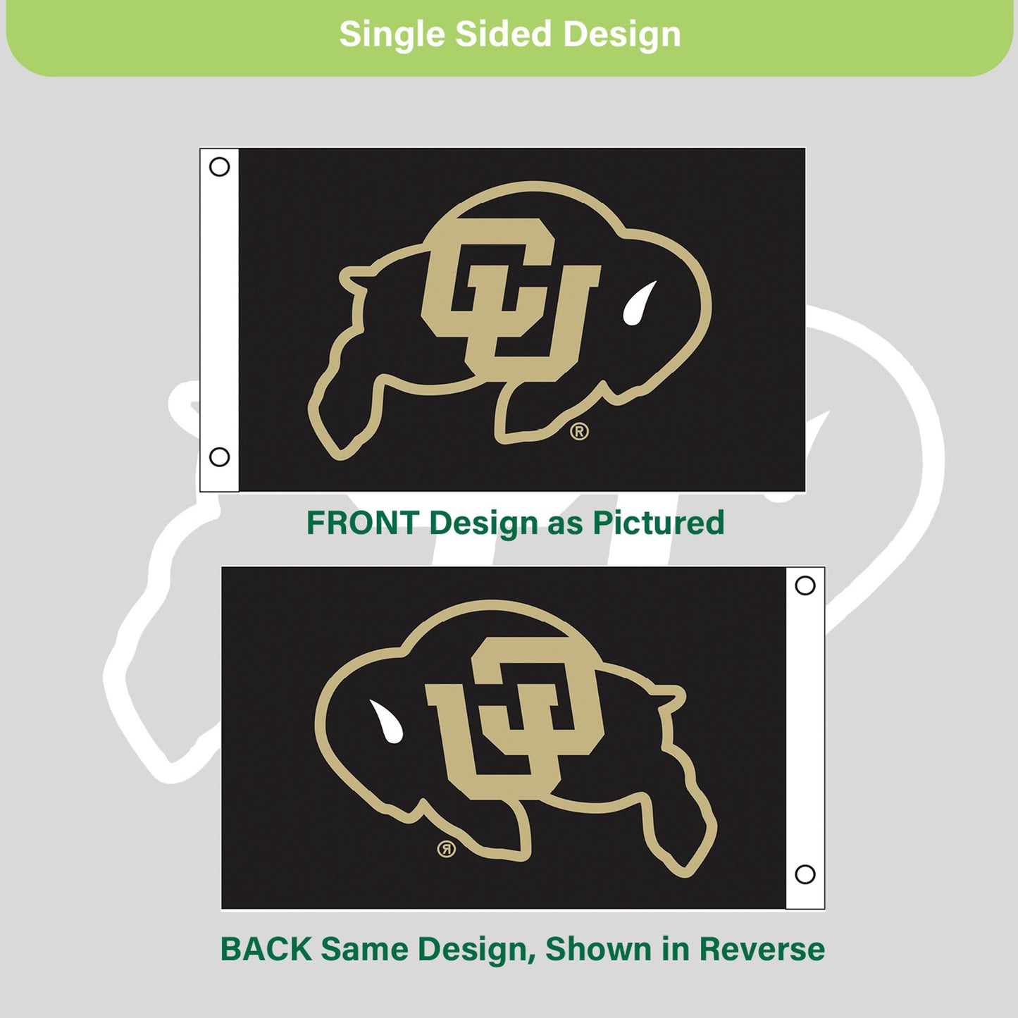 University of Colorado flag sublimated 3x5, one-sided with black background gold CU logo on Tampa Home & Garden Store