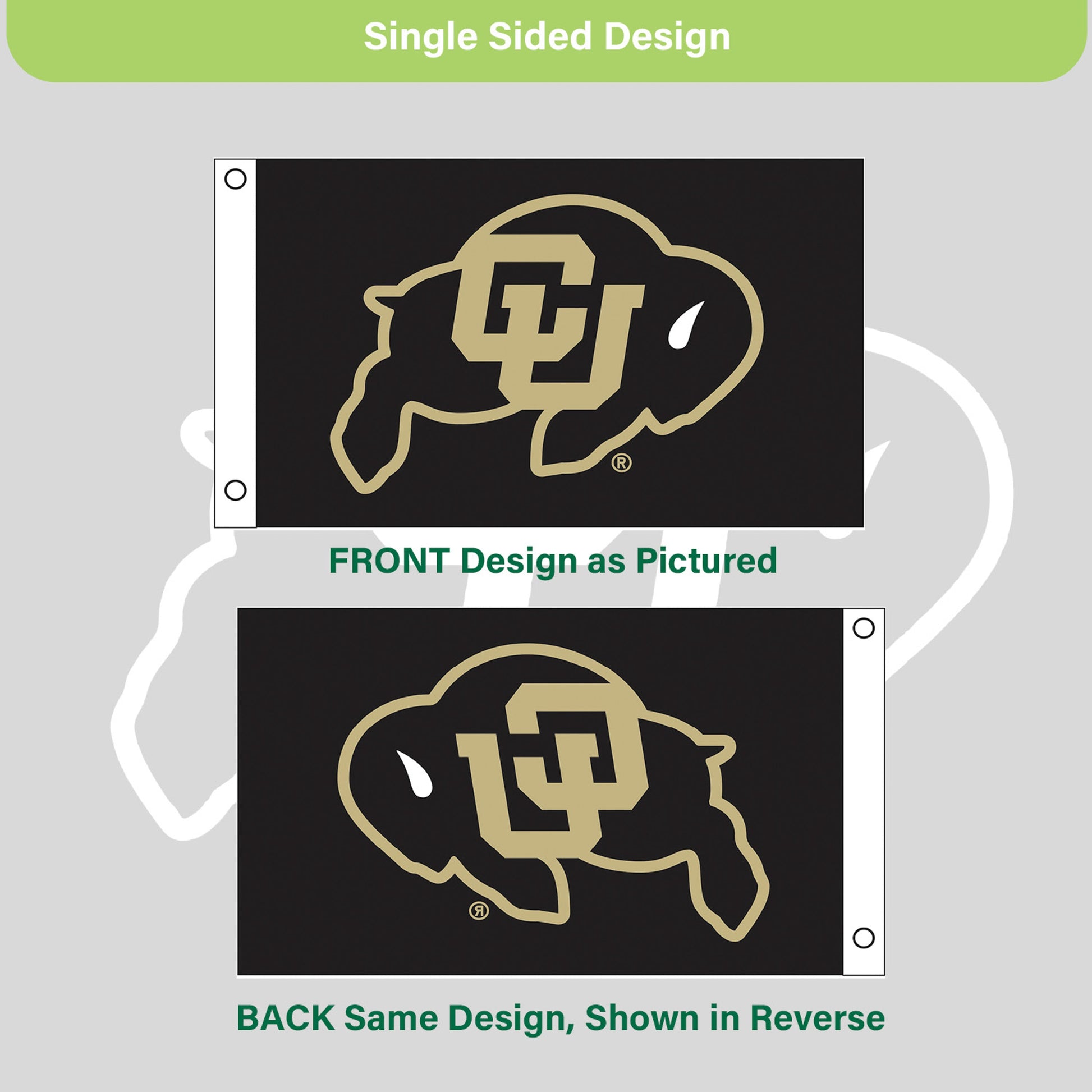 University of Colorado flag sublimated 3x5, one-sided with black background gold CU logo on Tampa Home & Garden Store