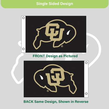 University of Colorado flag sublimated 3x5, one-sided with black background gold CU logo on Tampa Home & Garden Store