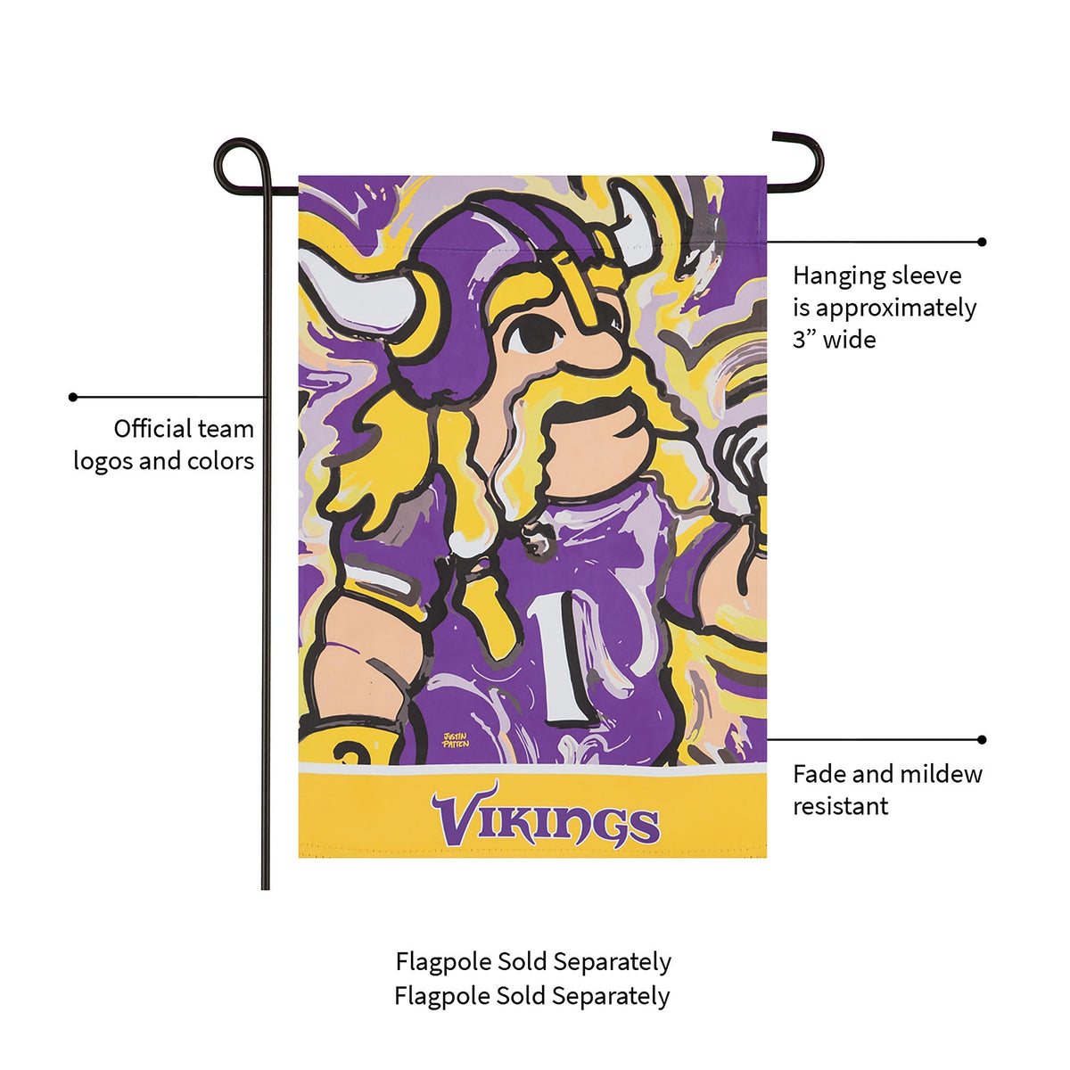 Suede flag Minnesota Vikings design by Justin Patten purple and gold, Evergreen Enterprises on Tampa Home & Garden Store
