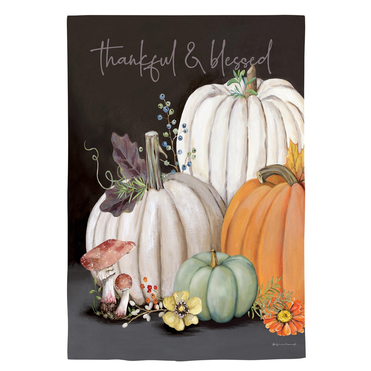 Beauty Of Fall Suede House Flag with white pumpkins and gourds on a dark backdrop on Tampa Home & Garden Store