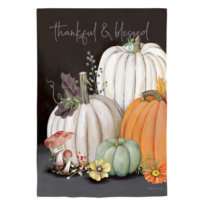Beauty Of Fall Suede House Flag with white pumpkins and gourds on a dark backdrop on Tampa Home & Garden Store