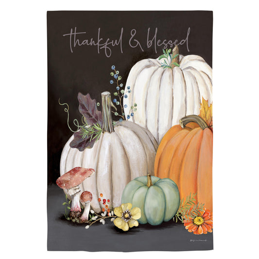 Beauty Of Fall Suede House Flag with white pumpkins and gourds on a dark backdrop on Tampa Home & Garden Store