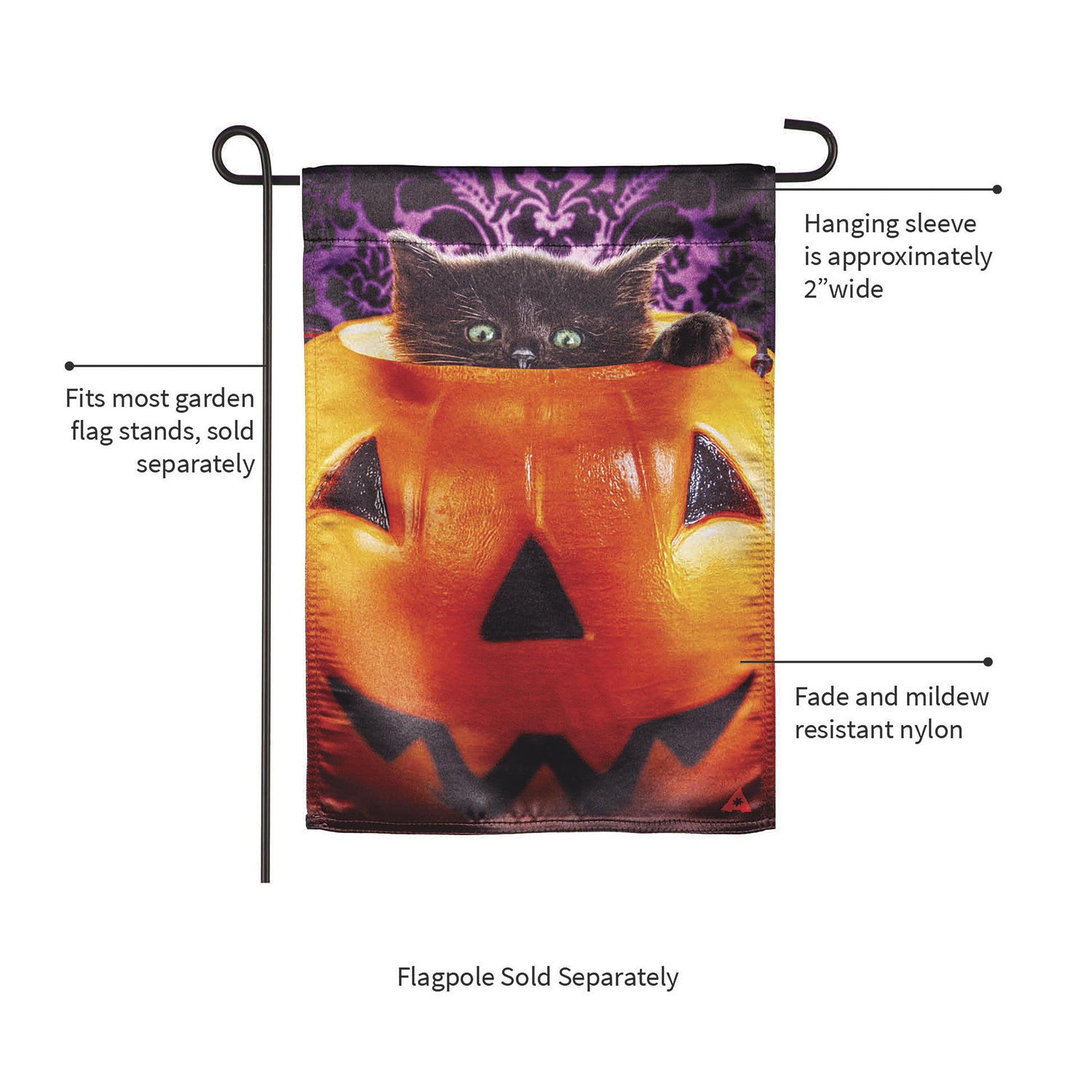 Kitten in Jack O'Lantern Pumpkin Bucket Lustre Flag by Evergreen Enterprises, purple backdrop on Tampa Home & Garden Store