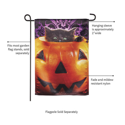 Kitten in Jack O'Lantern Pumpkin Bucket Lustre Flag by Evergreen Enterprises, purple backdrop on Tampa Home & Garden Store