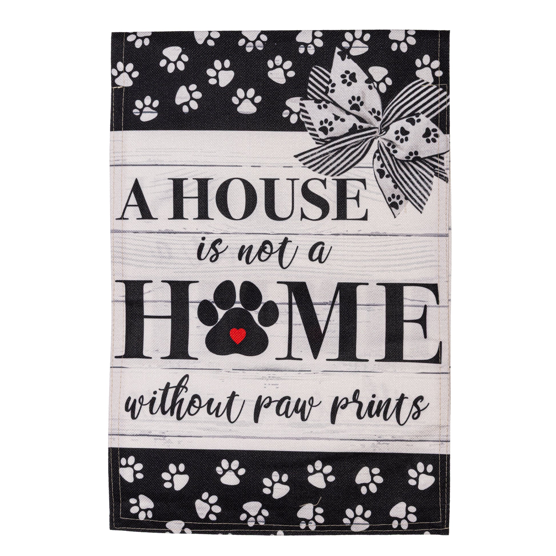 Paw Prints Garden Burlap Flag black burlap with white paw prints and HOME motif on Tampa Home & Garden Store