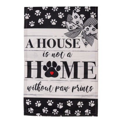 Paw Prints Garden Burlap Flag black burlap with white paw prints and HOME motif on Tampa Home & Garden Store