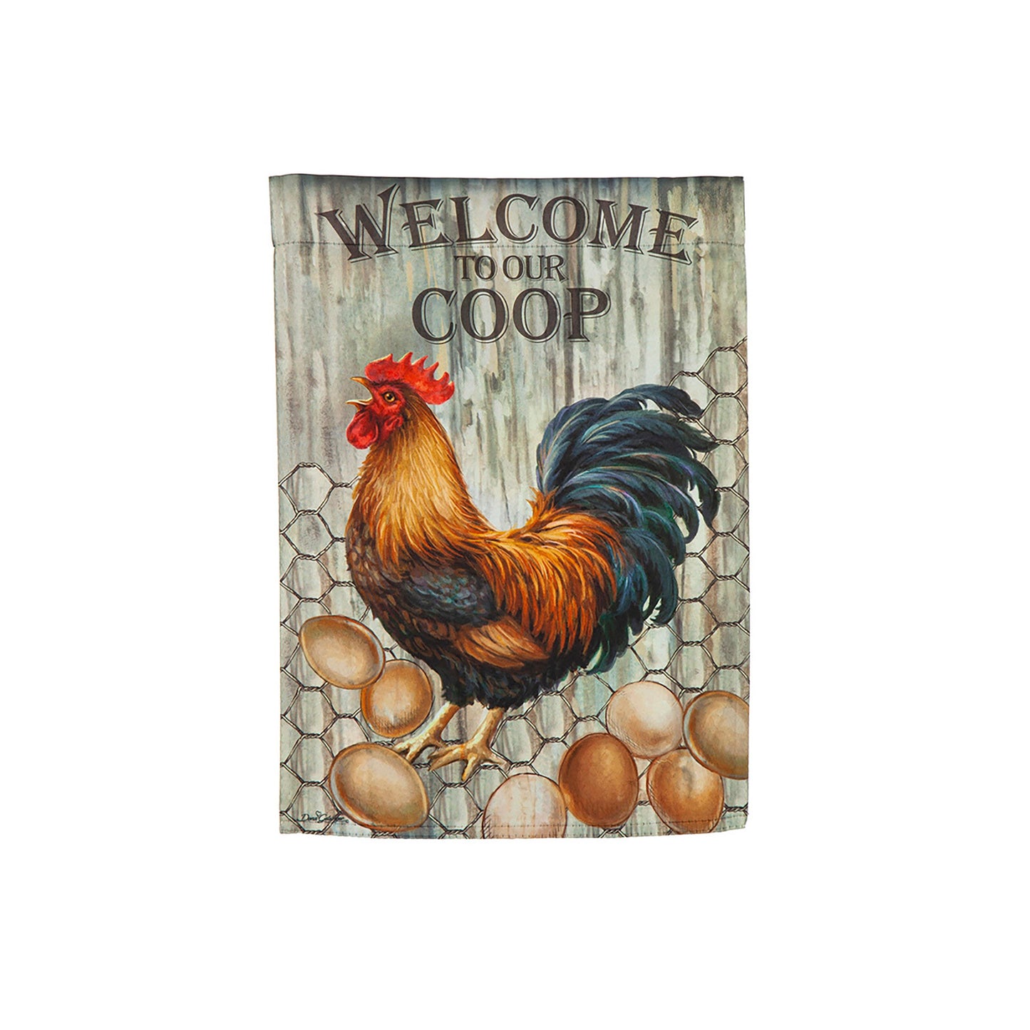 Welcome to Our Coop Suede Flag with colorful rooster on wood backdrop and chicken wire on Tampa Home & Garden Store