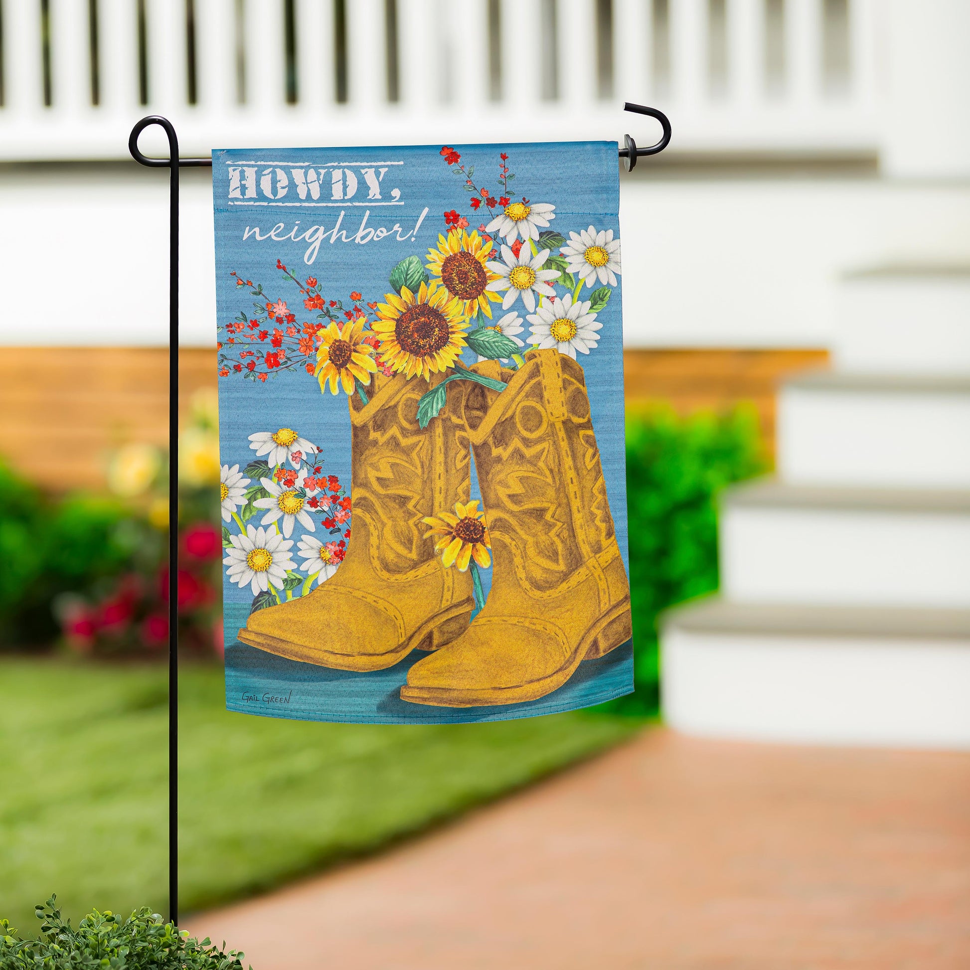 Western Boots Suede Garden Flag blue with brown cowboy boots and flowers on Tampa Home & Garden Store