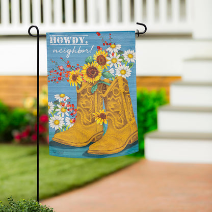 Western Boots Suede Garden Flag blue with brown cowboy boots and flowers on Tampa Home & Garden Store