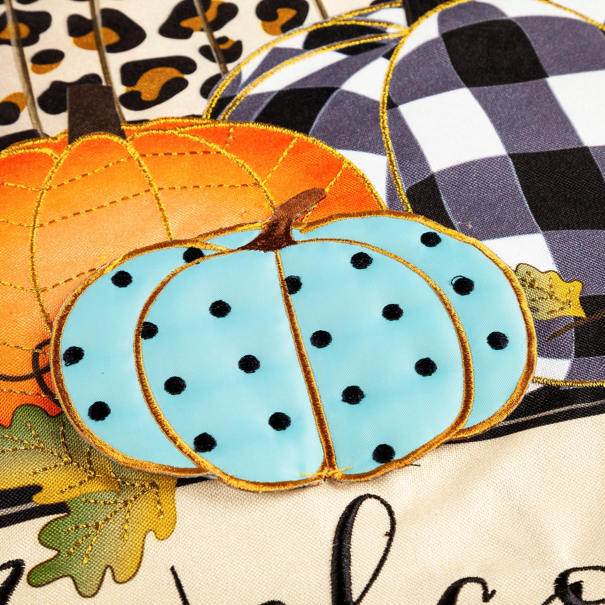 Mixed Print Pumpkins Garden Linen Flag with orange and blue pumpkins and gold embroidery on Tampa Home & Garden Store