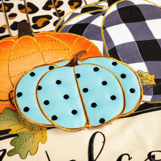 Mixed Print Pumpkins Garden Linen Flag with orange and blue pumpkins and gold embroidery on Tampa Home & Garden Store