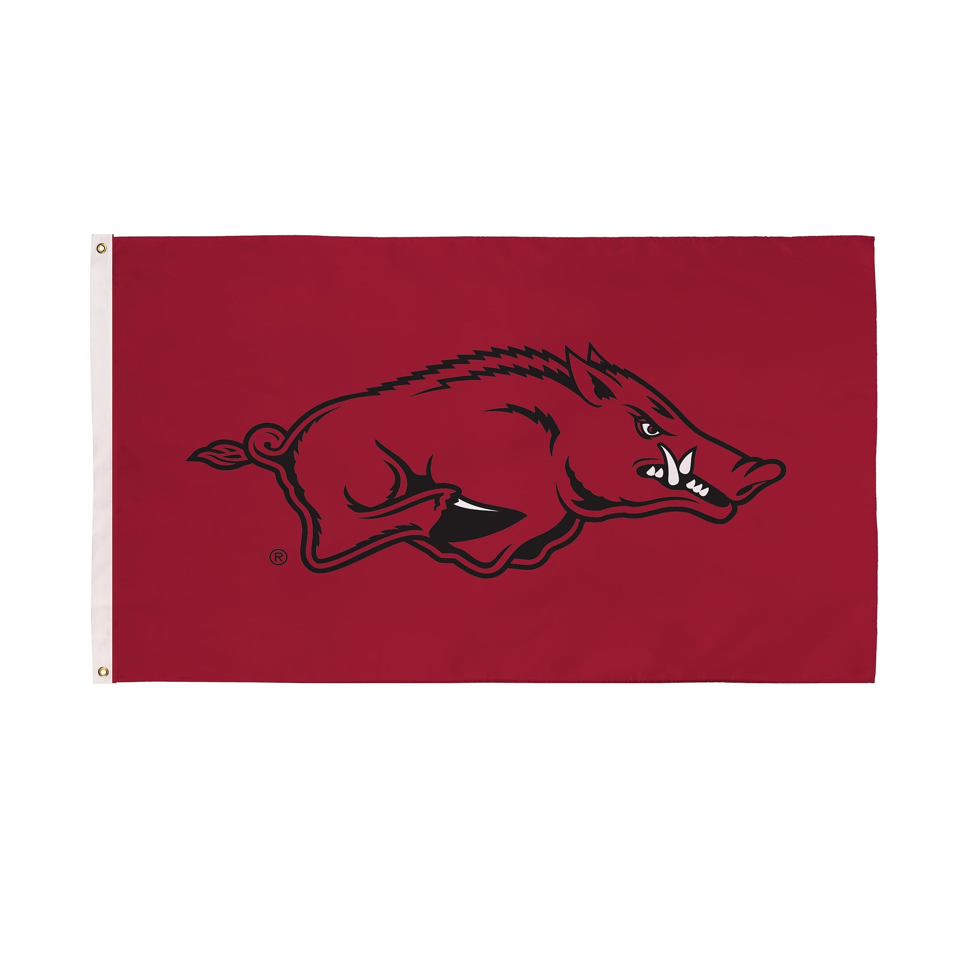 University of Arkansas flag, 3x5, single sided, 2 grommets, maroon with Razorback graphic on Tampa Home & Garden Store