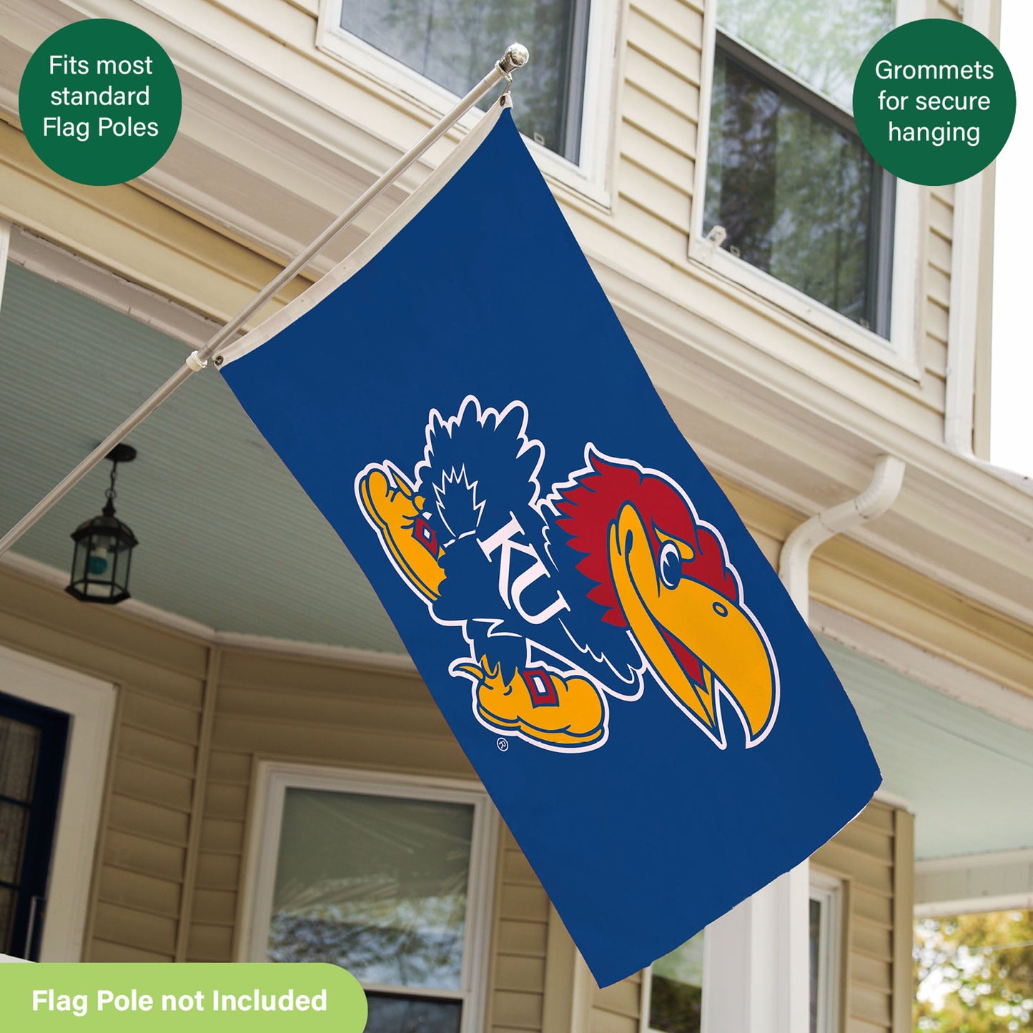 University of Kansas single-sided 3x5 estate flag with 2 grommets on metal pole Jayhawks logo on Tampa Home & Garden Store