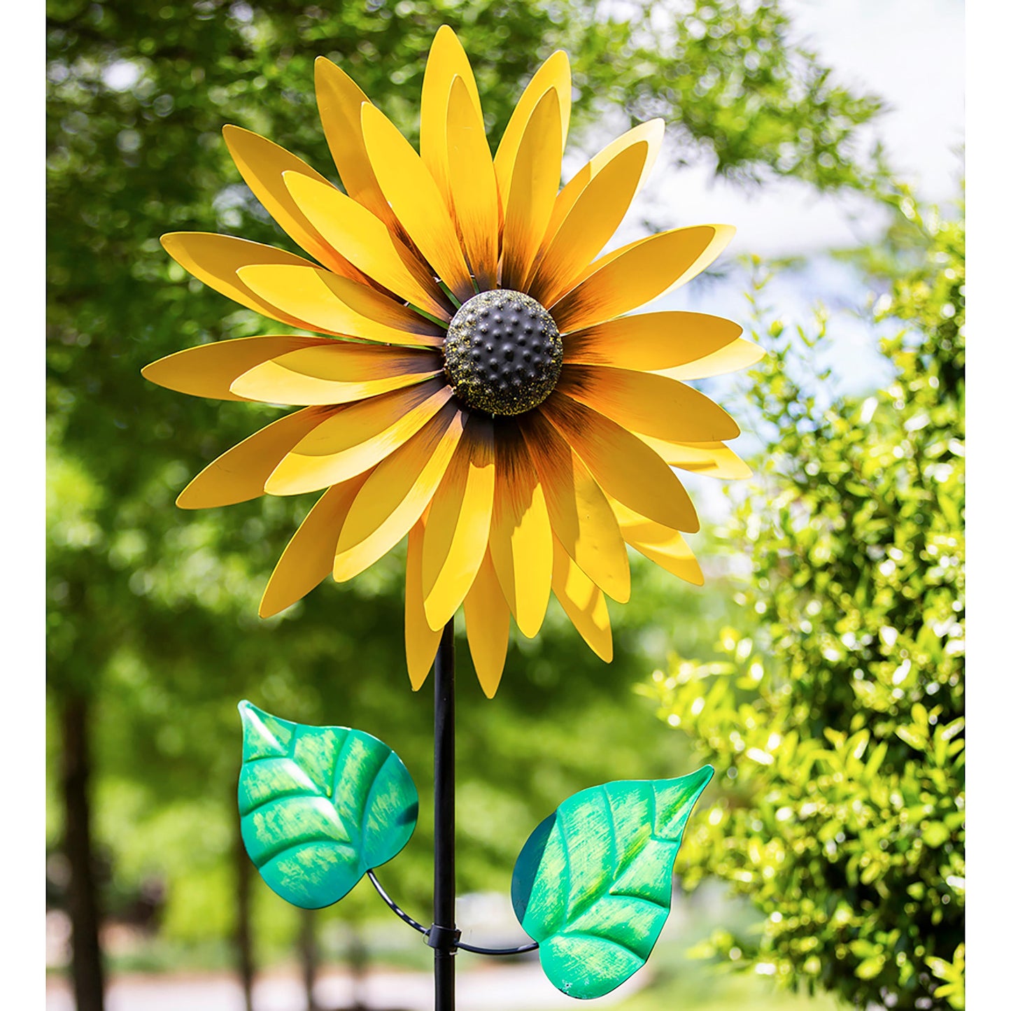 Hillside Pasture Wind Spinner Sunflower 75 in yellow petals with green leaves by Evergreen on Tampa Home & Garden Store