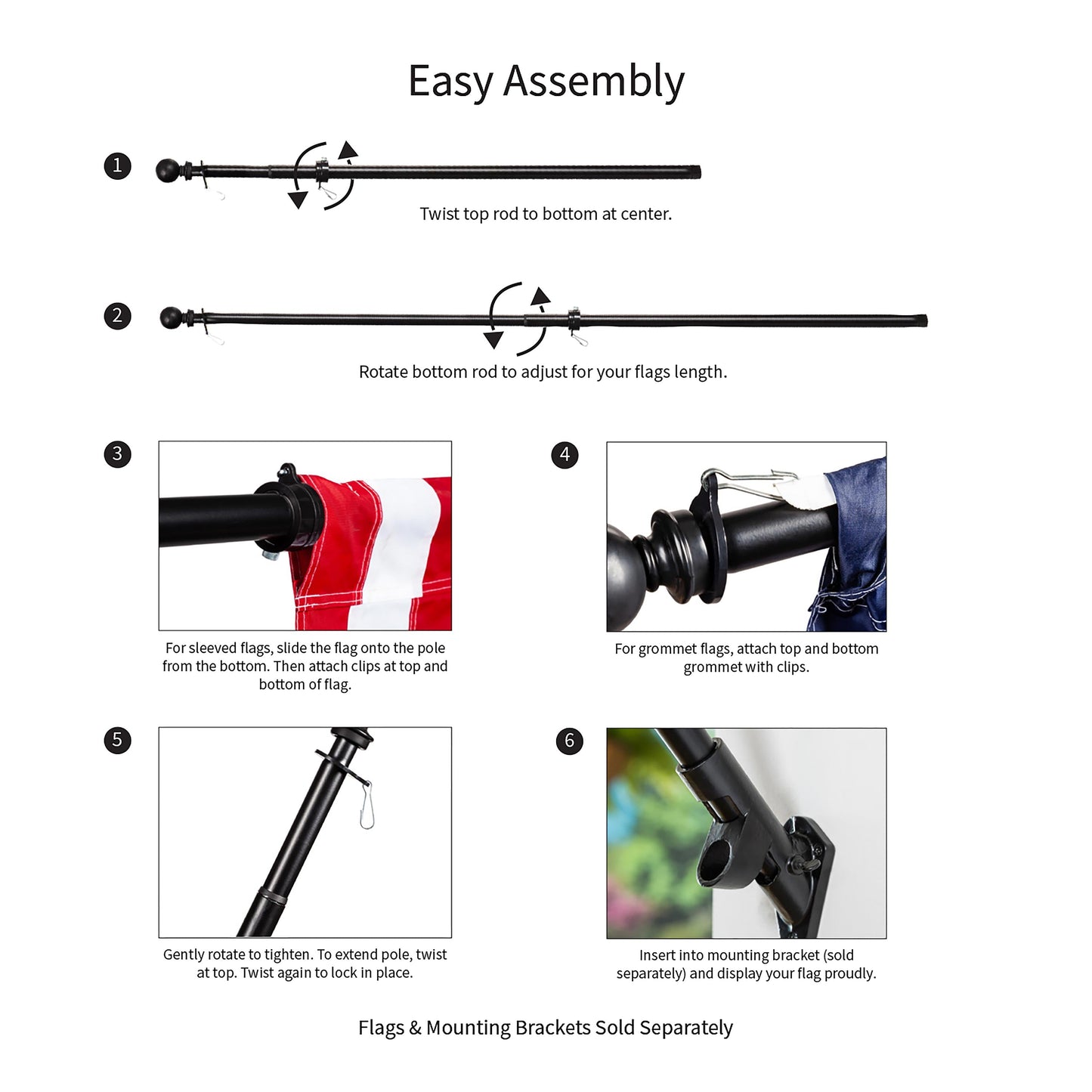 Extendable metal flag pole in black finish with ball finial; step-by-step assembly diagram on Tampa Home & Garden Store