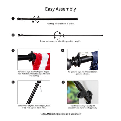 Extendable metal flag pole in black finish with ball finial; step-by-step assembly diagram on Tampa Home & Garden Store