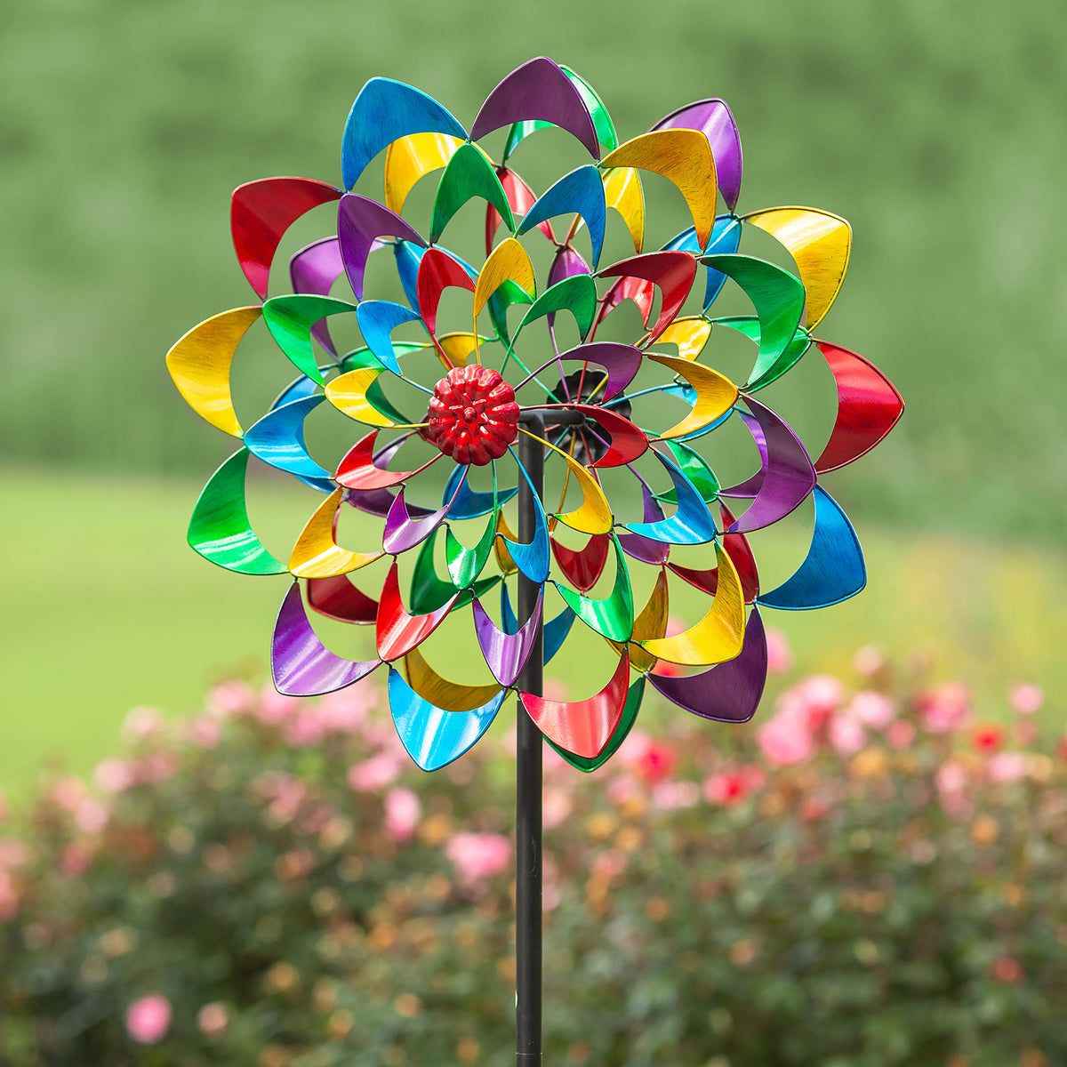 Zinnia wind spinner with vibrant multicolored metal blades for garden decor on Tampa Home & Garden Store