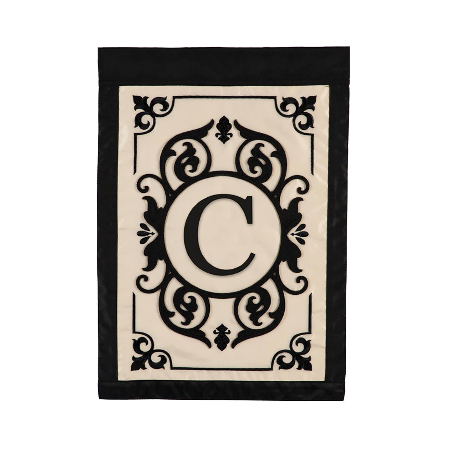 Applique flag Cambridge Monogram Garden Letter C with black ornate monogram on cream panel on Tampa Home & Garden Store