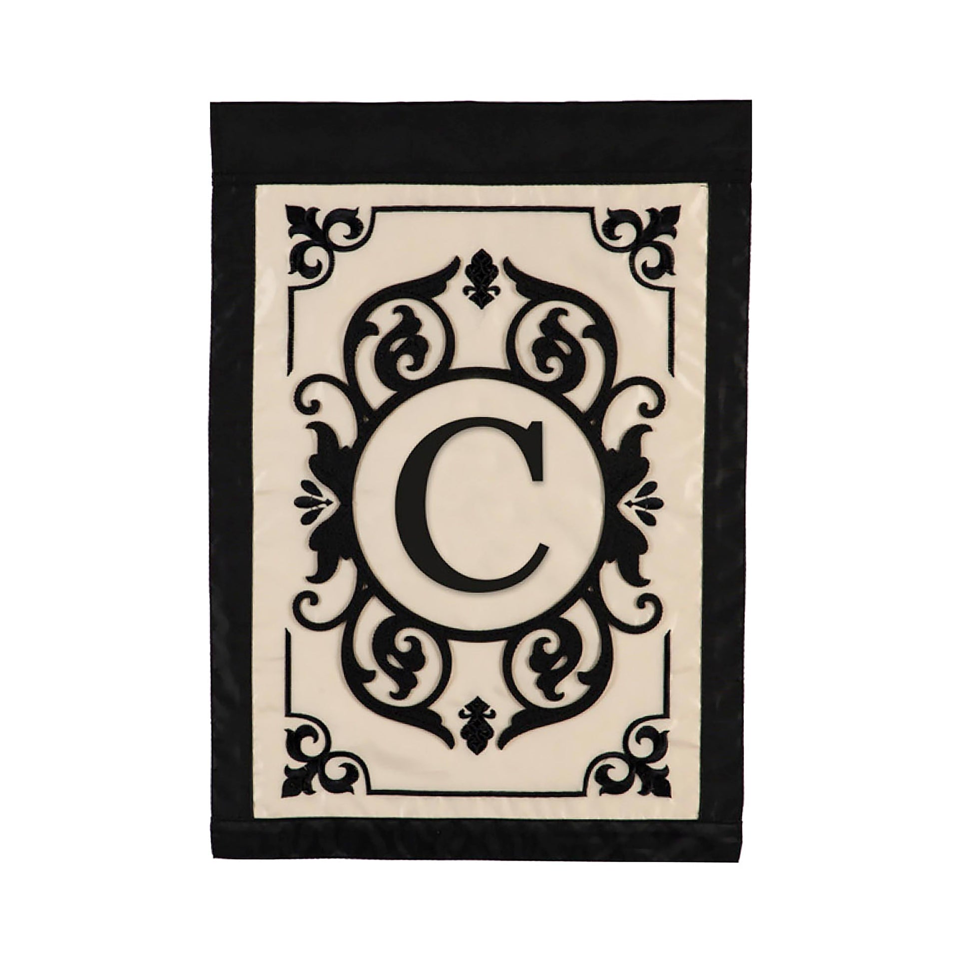 Applique flag Cambridge Monogram Garden Letter C with black ornate monogram on cream panel on Tampa Home & Garden Store