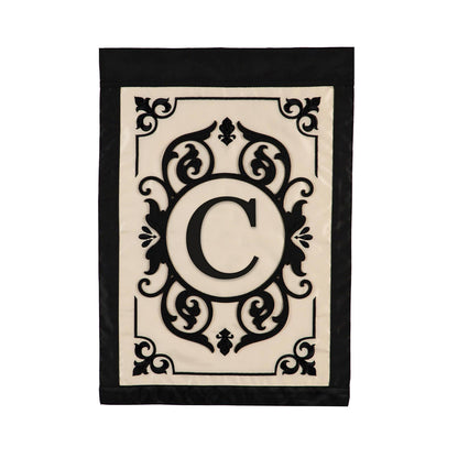 Applique flag Cambridge Monogram Garden Letter C with black ornate monogram on cream panel on Tampa Home & Garden Store