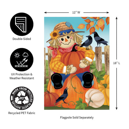 Friends & Scarecrow Suede Garden Flag by Evergreen Enterprises in autumn scarecrow scene with pumpkins on Tampa Home & Garden Store