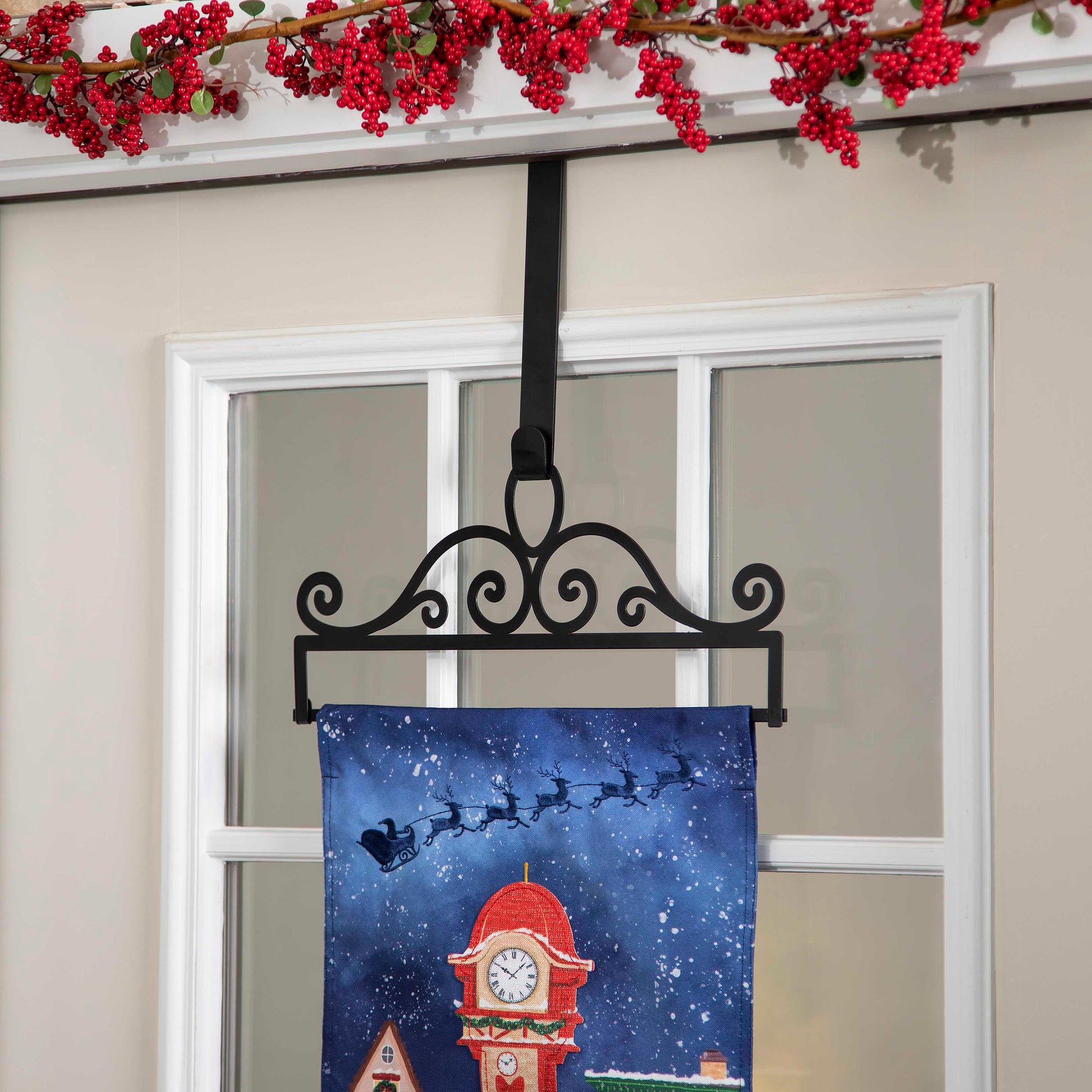 Scroll Garden Flag Over the Door Hanger black metal scroll with blue winter flag on Tampa Home & Garden Store
