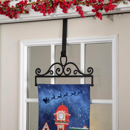 Scroll Garden Flag Over the Door Hanger black metal scroll with blue winter flag on Tampa Home & Garden Store