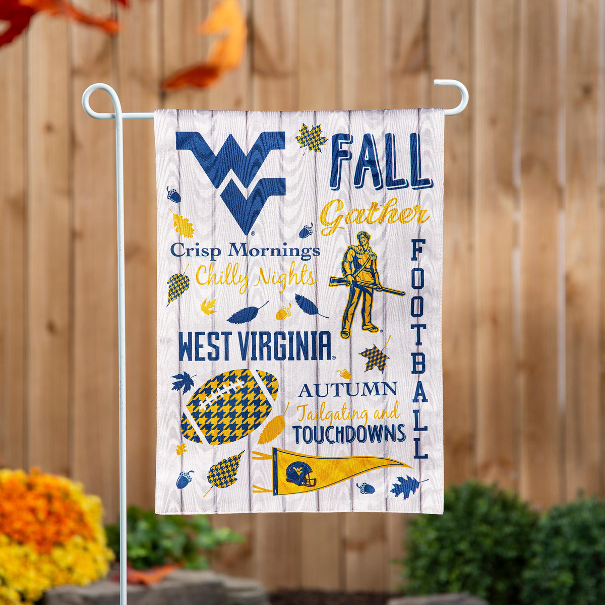 Moire flag WVU blue-gold GDN Fall seasonal by Evergreen Enterprises Wholesale Collective, Flags on Tampa Home & Garden Store