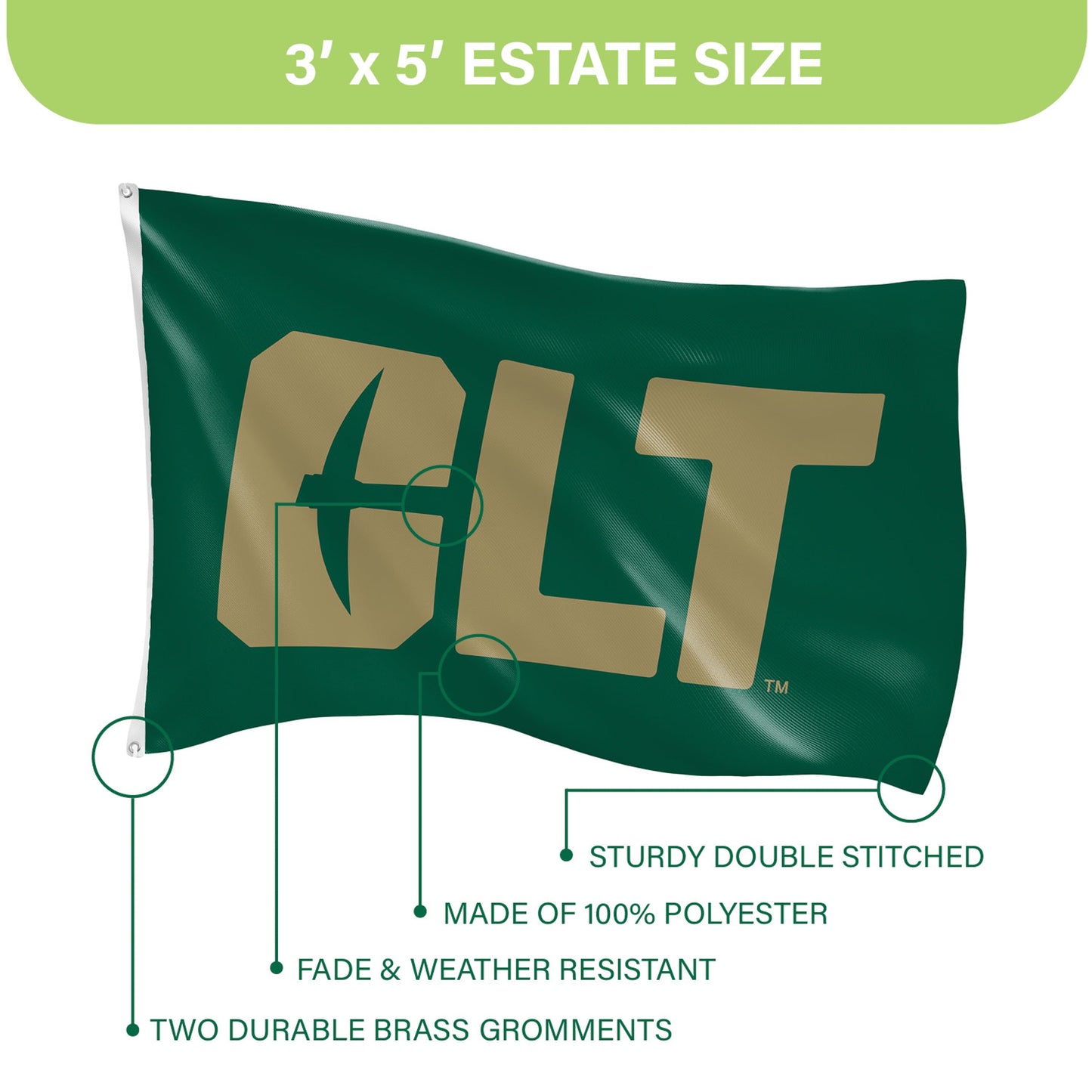 UNC Charlotte flag 3x5, single-sided with 2 grommets, green with gold text sublimated on Tampa Home & Garden Store