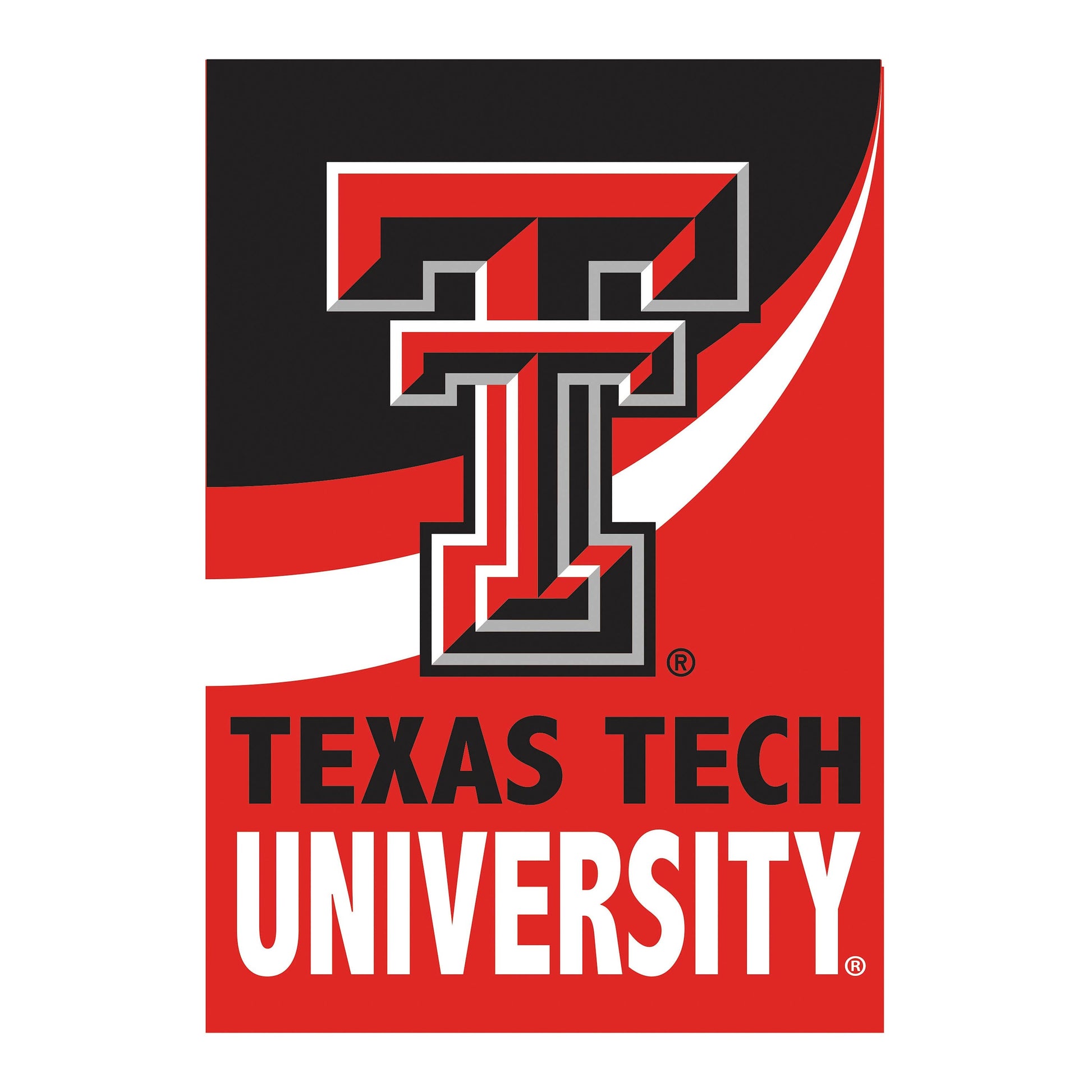 Texas Tech University burlap flag, bold red/black geometric logo, Evergreen Enterprises on Tampa Home & Garden Store