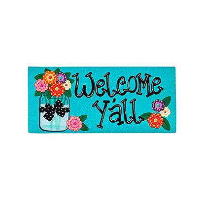 Ensemble drapeau de jardin en toile de jute et tapis en sassafras « Bienvenue à tous » (14B4181ECM+22001T+431272+43BM003)
